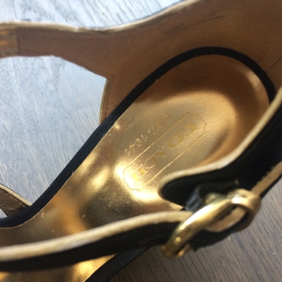 Coach | Black Satin Gold Trim Wedge Heel Sandals - Picture 7 of 8